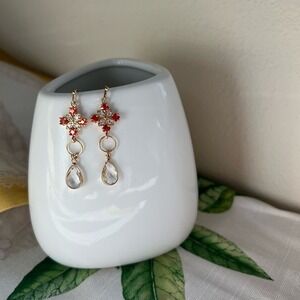 Orange Quartz Crystal Earrings, Diamond Cross Shape, Mini Hoops Teardrop, Casual